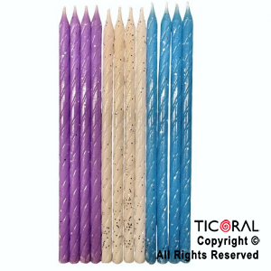 VELA 12 CM ESPIRAL COMBINADA CON PORTAVELAS CELESTE BLANCO Y VIOLETA BRILLO x 12